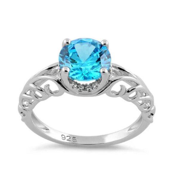 Sterling Silver Swirl Design Aquamarine and White Topaz CZ Ring New - Picture 2 of 4